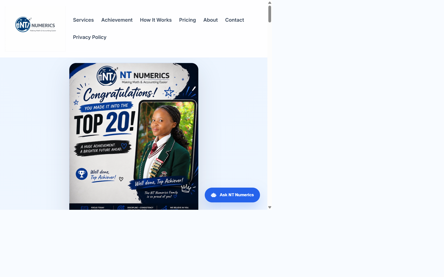 Homepage screenshot of NT Numerics website in browser frame