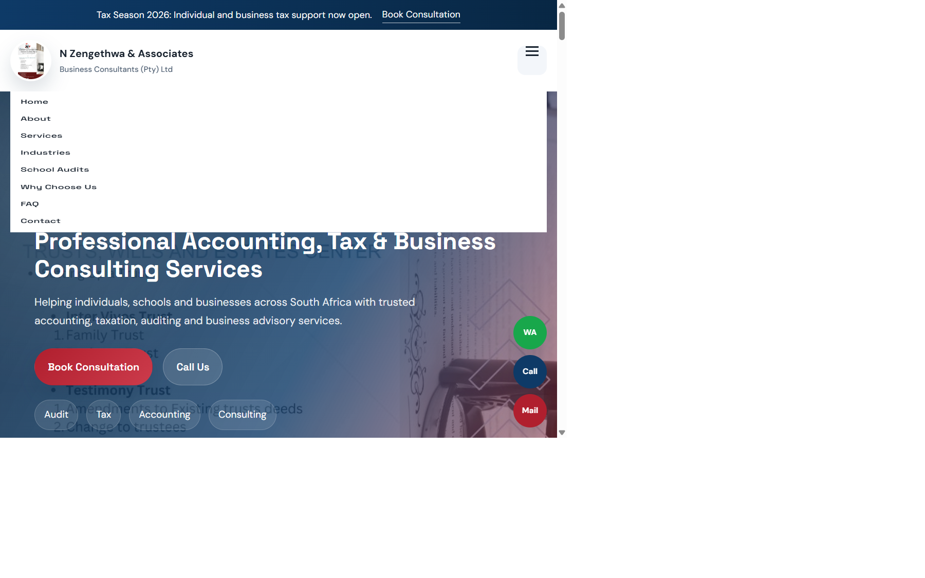 Homepage screenshot of N Zengethwa and Associates website in browser frame
